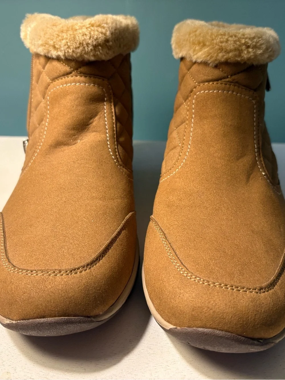 Cozy Quilted Faux Fur Ankle Boots - Camel